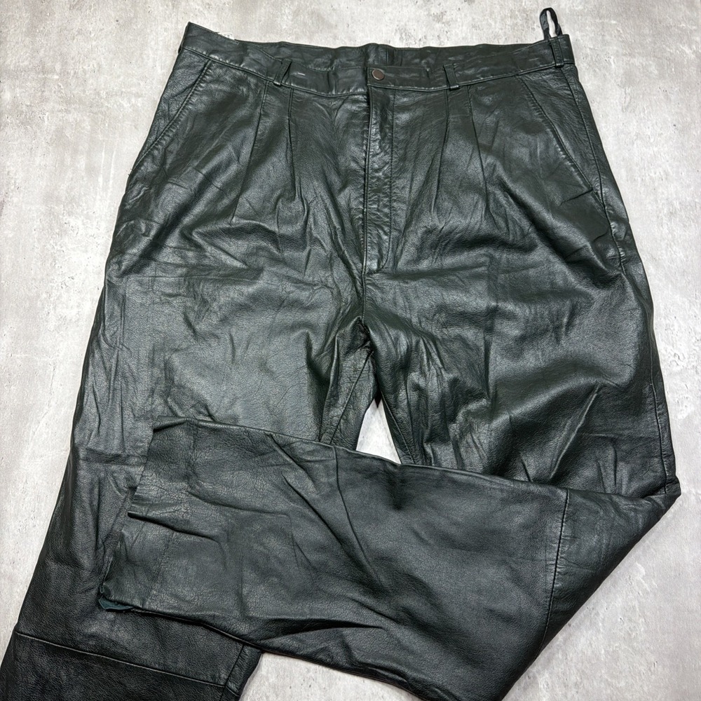 Cougar Leather Pants Mens 38x32 Green Straight Leg 90's Y2K Style Grunge Biker
